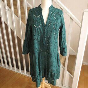 Green Cotton Tiered Eyelet Summer Mini Midi Dress with Long Flared Sleeves